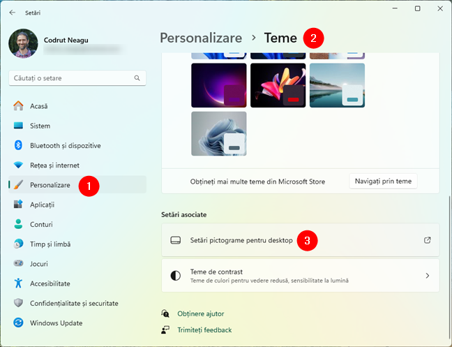 ÃŽn Windows 11, deschide SetÄƒri È™i acceseazÄƒ Personalizare > Teme > SetÄƒri pictograme pentru desktop