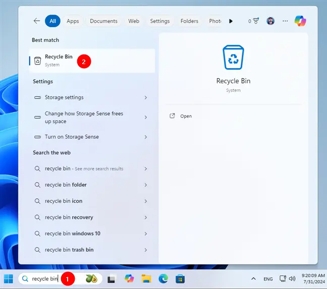 FoloseÈ™te cÄƒutarea pentru a deschide Recycle Bin Ã®n Windows 11