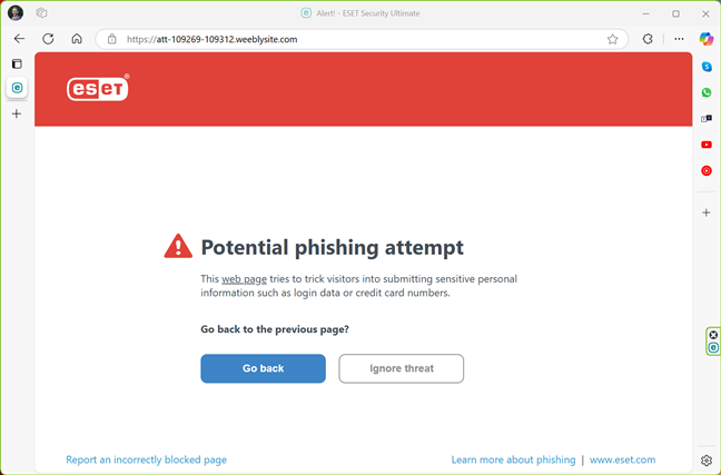 Site de phishing, blocat de ESET HOME Security Ultimate