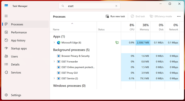 Utilizarea memoriei RAM de cÄƒtre ESET HOME Security Ultimate Ã®n Windows 11