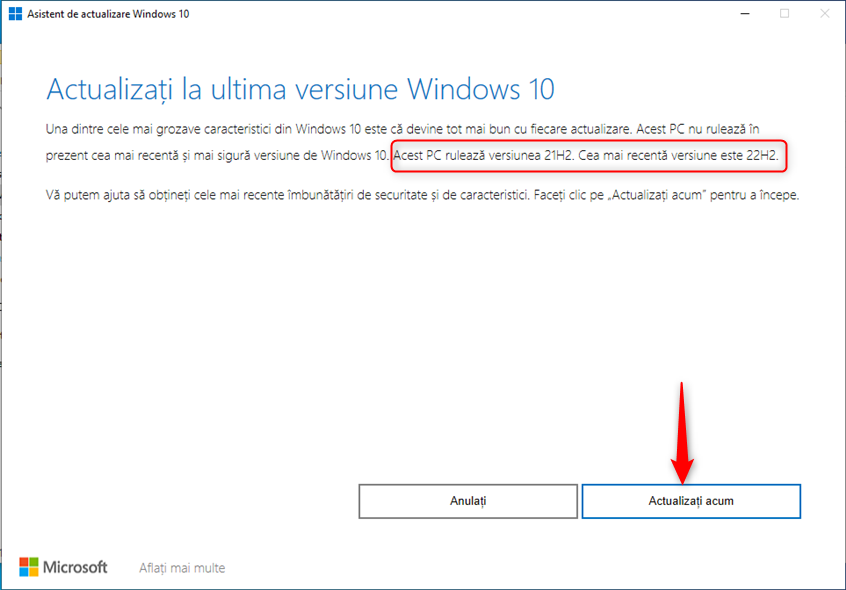 ApasÄƒ pe ActualizaÈ›i acum Ã®n Asistentului de actualizare Windows 10