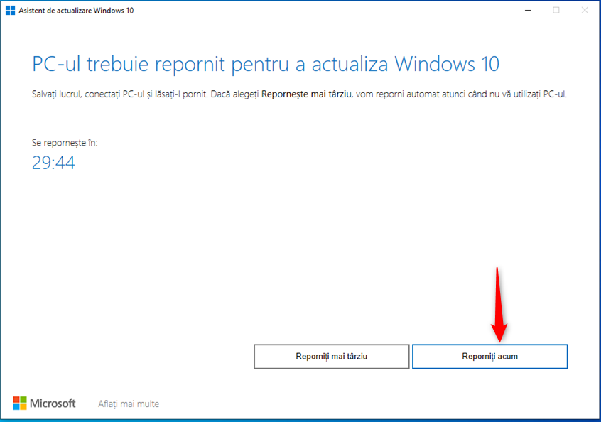 ApasÄƒ pe ReporniÈ›i acum pentru a finaliza actualizarea