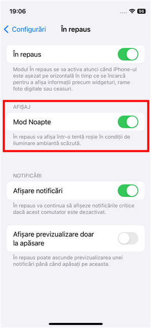 Modul Noapte face ca ÃŽn repaus sÄƒ fie roÈ™u Ã®n iOS 17