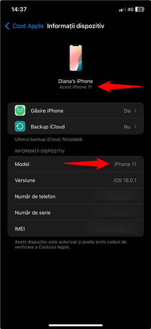 Modelul de iPhone apare de douÄƒ ori pe ecranul InformaÈ›ii dispozitiv