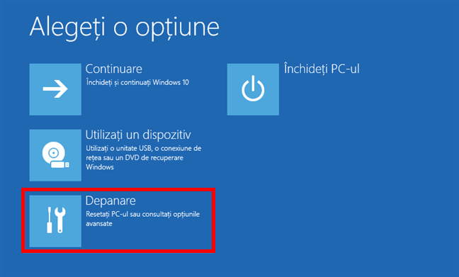 ApasÄƒ pe Depanare (ResetaÈ›i PC-ul sau consultaÈ›i opÈ›iunile avansate)