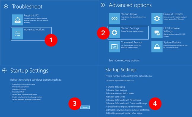 AcceseazÄƒ Advanced options > Startup Settings > Restart > Enable Safe Mode with Command Prompt