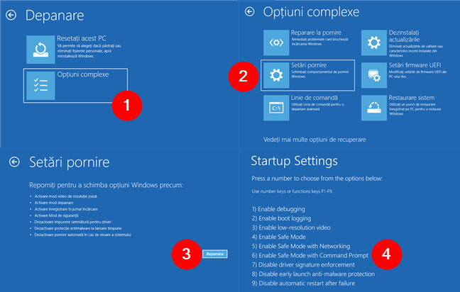 AcceseazÄƒ OpÈ›iuni complexe > SetÄƒri pornire > Repornire > Enable Safe Mode with Command Prompt