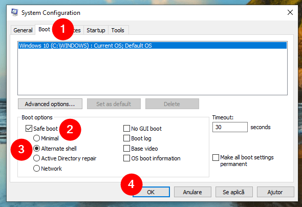 FoloseÈ™te msconfig pentru a activa Safe Mode with Command Prompt