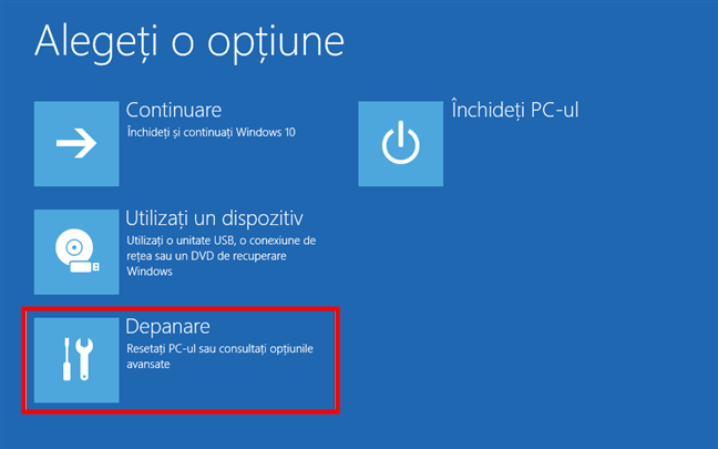 SelecteazÄƒ Depanare pentru a accesa Safe Mode with Command Prompt Ã®n Windows 10