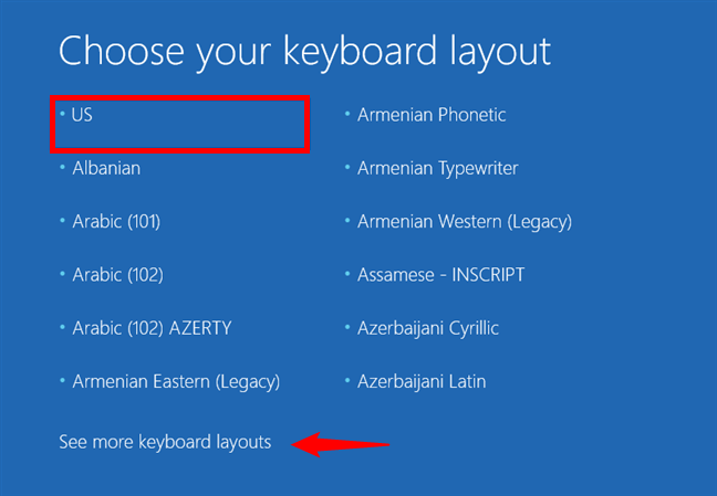 Ecranul Choose your keyboard layout