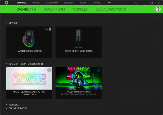 Panoul de comandÄƒ al software-ului Razer Synapse