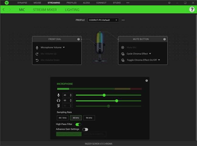 SetÄƒrile microfonului Razer Seiren V3 Chroma