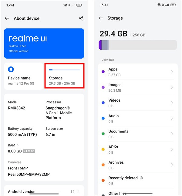 Stocarea disponibilÄƒ pe realme 12 Pro 5G