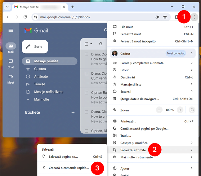 ÃŽn meniul Chrome, acceseazÄƒ SalveazÄƒ È™i trimite È™i alege CreeazÄƒ o comandÄƒ rapidÄƒ.