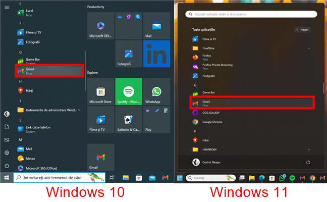 ScurtÄƒtura aplicaÈ›iei Gmail Ã®n Meniul Start (Windows 10 È™i Windows 11)