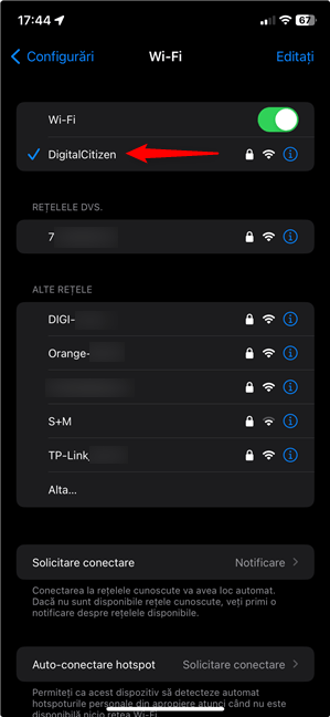 ApasÄƒ pe reÈ›eaua curentÄƒ pentru a vedea parola Wi-Fi pe iPhone