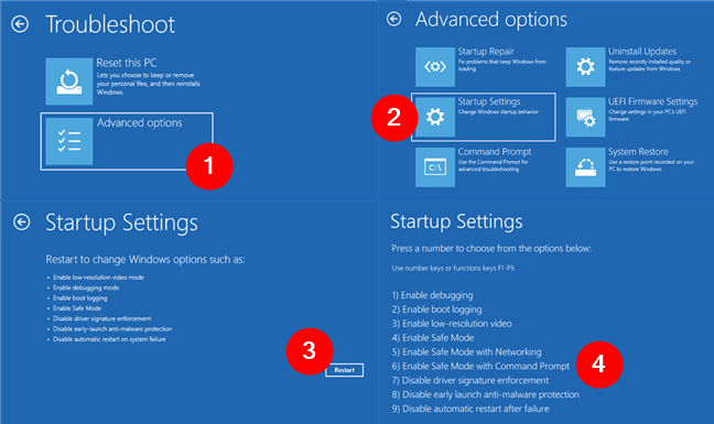 AcceseazÄƒ Advanced options > Startup Settings > Restart > Enable Safe Mode with Command Prompt