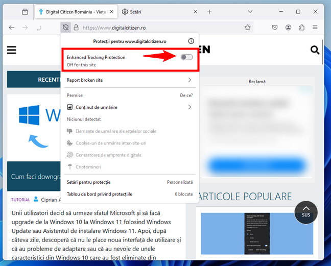 DezactiveazÄƒ comutatorul Enhanced Tracking Protection