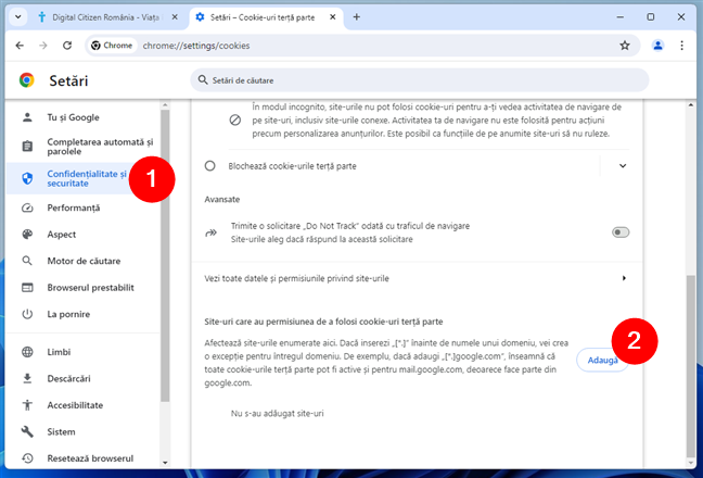ApasÄƒ pe AdaugÄƒ Ã®n rubrica Site-uri care au permisiunea de a folosi cookie-uri terÈ›Äƒ parte