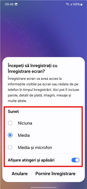 SelecteazÄƒ opÈ›iunile de sunet pentru Ã®nregistrarea ecranului