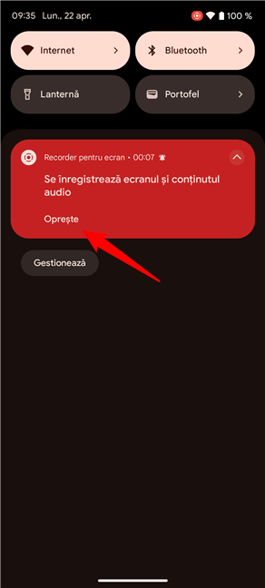 ApasÄƒ pe OpreÈ™te Ã®n notificarea de Ã®nregistrare a ecranului