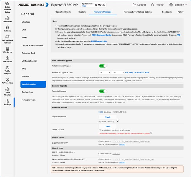 ConfigureazÄƒ ASUS ExpertWiFi EBG19P pentru a gestiona automat actualizÄƒrile de firmware