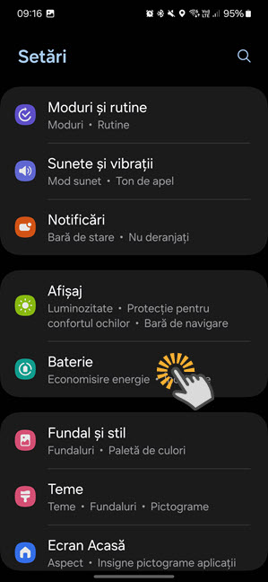 Pe Samsung Galaxy, acceseazÄƒ SetÄƒri > Baterie