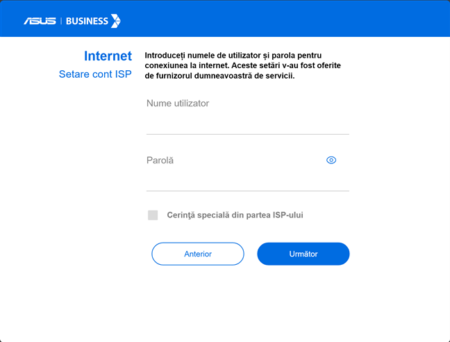 Introdu detaliile pentru conexiunea ta la internet