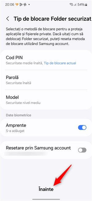ApasÄƒ pe butonul ÃŽnainte pentru a accesa Folderul securizat