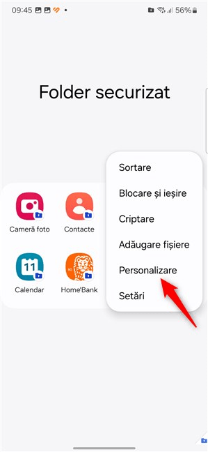 ApasÄƒ pe Personalizare Ã®n meniul Folderului securizat