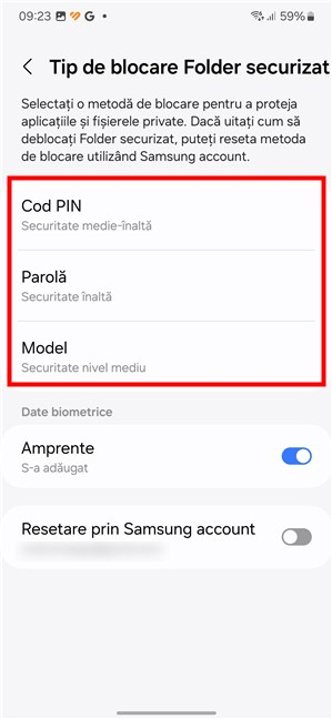 Alege Ã®ntre Cod PIN, ParolÄƒ È™i Model