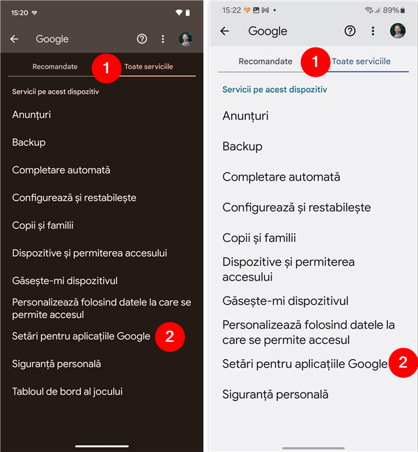 SelecteazÄƒ Toate serviciile È™i apasÄƒ pe SetÄƒri pentru aplicaÈ›iile Google