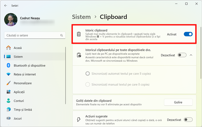 ActiveazÄƒ istoricul clipboardului Ã®n Windows 11