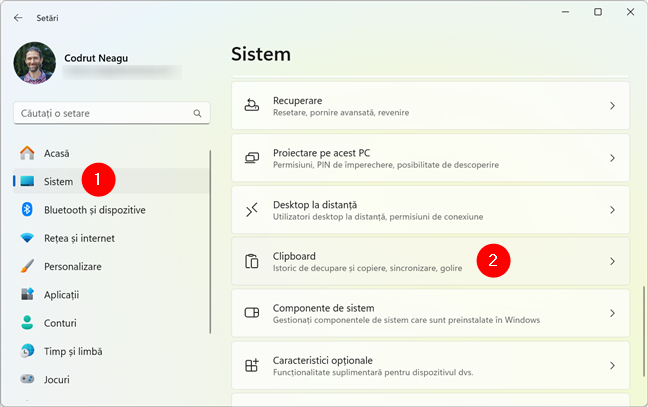 Deschide SetÄƒri È™i acceseazÄƒ Sistem > Clipboard