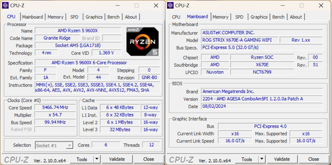 SpecificaÈ›iile AMD Ryzen 5 9600X Ã®n CPU-Z