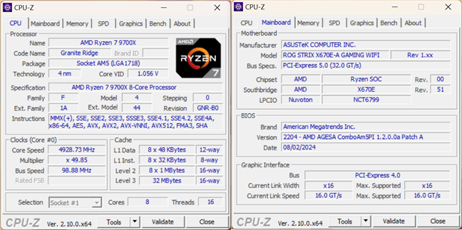 SpecificaÈ›iile lui AMD Ryzen 7 9700X Ã®n CPU-Z