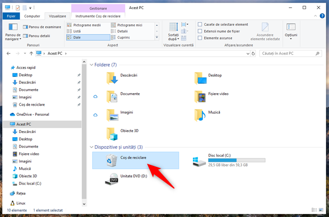 CoÈ™ul de reciclare apare ca o unitate Ã®n rubrica Acest PC din File Explorer pe Windows 10