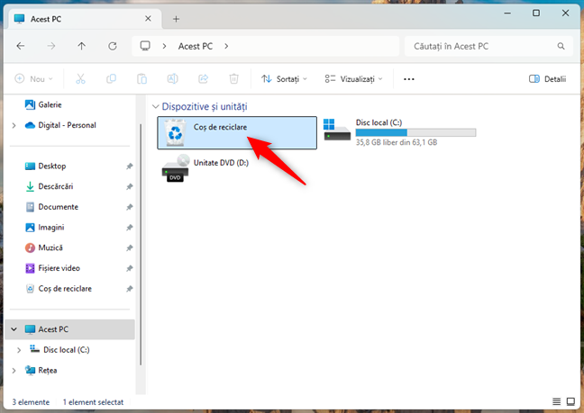 CoÈ™ul de reciclare apare ca o unitate Ã®n rubrica Acest PC din File Explorer pe Windows 11