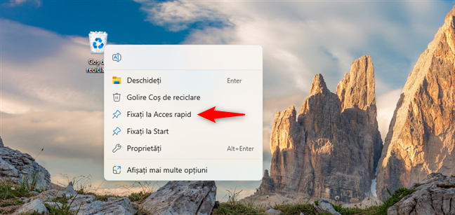 DÄƒ clic dreapta pe CoÈ™ul de reciclare È™i fixeazÄƒ la Acces rapid