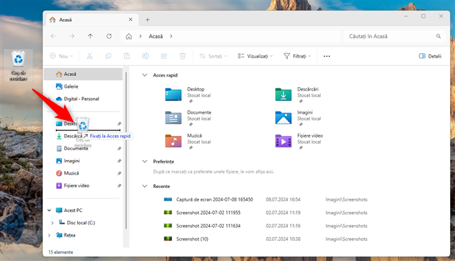 Trage È™i plaseazÄƒ pentru a fixa CoÈ™ul de reciclare Ã®n File Explorer