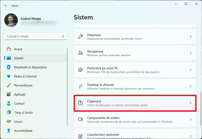 AcceseazÄƒ setÄƒrile pentru Clipboard Ã®n Windows 11