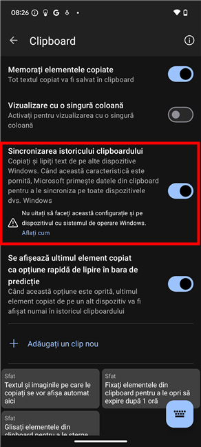 ActiveazÄƒ comutatorul Sincronizarea istoricului clipboardului