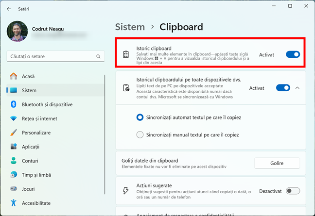 ActiveazÄƒ Istoric clipboard Ã®n Windows 11