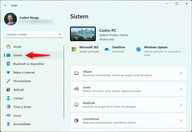 Deschide Sistem Ã®n SetÄƒrile din Windows 11