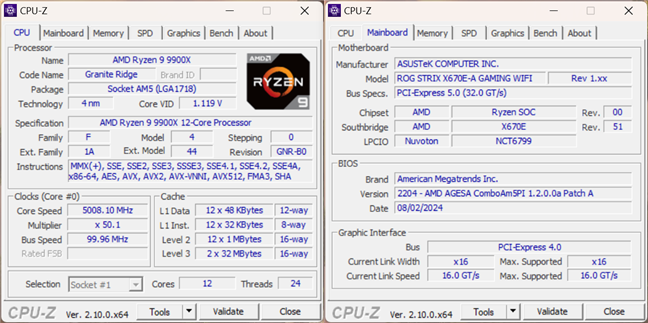 SpecificaÈ›ii AMD Ryzen 9 9900X Ã®n CPU-Z