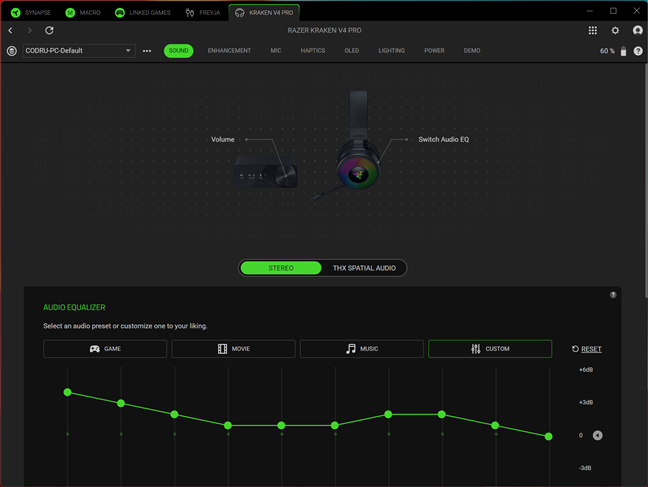 OpÈ›iuni de sunet disponibile Ã®n Razer Synapse