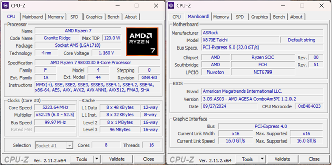 SpecificaÈ›ii AMD Ryzen 7 9800X3D Ã®n CPU-Z