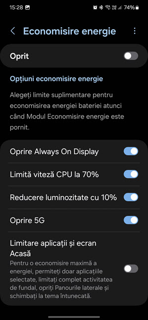 ActiveazÄƒ opÈ›iunile de Economisire energie pe care le doreÈ™ti