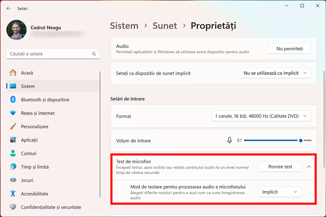 Testarea microfonului Ã®n Windows 11