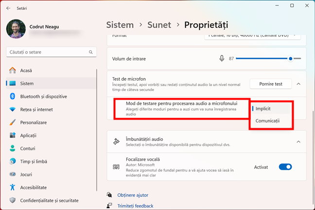 Mod de testare pentru procesarea audio a microfonului